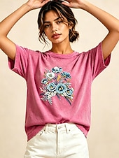economico Maglietta Arte &amp; Design-Per donna 100% cotone T-shirt ricamata Floreale Grafico Vintage Classico Casual Manica Corta Girocollo Top Regolari Casuale Quotidiano Weekend Rosa Estate Primavera