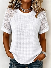 cheap Lace Tops-Women's Eyelet Top Lace Splicing Top Contrast Lace Lace Elegant Bohemia Stylish Short Sleeve Crew Neck Long Tops Casual Daily Going out Black White Gray Summer Spring