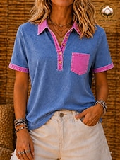 Per donna Cotone lavato 100% cotone Patchwork Tasca Bottoni Vintage Manica Corta Colletto Polo Top lunghi Blu Estate Primavera