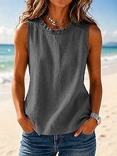  Mujer Camisa Textura Volante Color sólido Plano Vintage Sin Mangas Cuello Barco Tops regulares Casual Café marrón Negro Amarillo Verde Trébol Gris Oscuro Verano Primavera