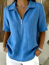  Dámské Halenka Košile z imitace lnu Zip Knoflíky Pevná barva Denní stylové Na běžné nošení Krátký rukáv Polo límec Běžné topy Ležérní Denní Vodní modrá Černá Bílá Žlutá Khaki Léto Jaro