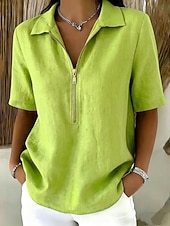  Dámské Halenka Košile z imitace lnu Zip Knoflíky Pevná barva Denní stylové Na běžné nošení Krátký rukáv Polo límec Běžné topy Ležérní Denní Vodní modrá Černá Bílá Žlutá Khaki Léto Jaro