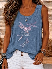 cheap Graphic Tank-Women's Cold Shoulder Tops Summer Tops Tank Floral Graphic Bohemia Vintage Tropical Sleeveless Crew Neck Round Neck Long Tops Casual Blue Green Dark Gray Summer Spring