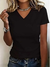 economico T-shirt semplice-T-shirt da donna 100% cotone - maglietta a maniche corte con scollo a V, comoda e di qualità.