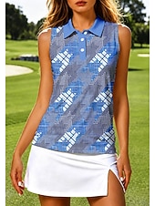 cheap Women's Shirt-Women's Tennis Polo Shirt Pickleball Golf Sleeveless Top Breathable Stretch UPF50+ Summer Outdoor Athletic Shirt Blue Plaid Print Collared Golf Tank Top