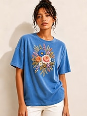  Per donna 100% cotone T-shirt ricamata Floreale Grafico Vintage Classico Casual Manica Corta Girocollo Top Regolari Casuale Quotidiano Weekend Blu Estate Primavera