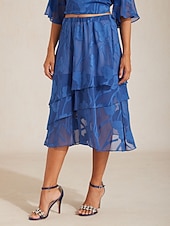  Damen Elegant Midi Mittlere Taille Röcke Blumen Geschichtet Elastischer Bund Illusionsspitze Dehnbar Täglich Valentinstag Wedgewood Sommer