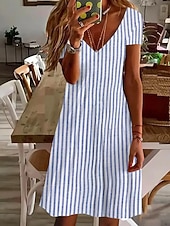 cheap Stripe&amp;Geometric Dress-Women's Knee Length Dress Casual Dress Striped Dress A Line Dress Elegant Fashion Daily Vacation Regular Fit Striped Short Sleeve V Neck Blue Yellow Red Green Summer Spring