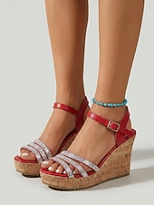 cheap Wedge Sandals-Women's Red Rhinestone Wedge Sandals - Sparkly Crystal Multi-Strap Platform Shoes with Cork Sole &amp; Ankle Buckle for Outdoor Vacations, Tropical Getaways &amp; Summer Parties