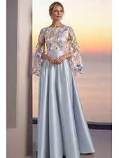 preiswerte A-Linie Abendkleider-A-Linie Bodenlang Perlenbestickt Abendkleid Kleid der Brautmutter Abendkleid Ballkleid Festliche Kleidung Elegant Farbblock Langarm Rundhalsausschnitt Hochzeit Formell Tasche Satin Spitze Tiefer