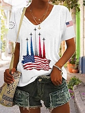 billiga Självständighetsdagen Topp-Amerikanska självständighetsdagen Dam T-shirt Mönster Grafisk Bokstav Amerikanska flaggan Vintage Stylish Klassisk Kortärmad V-hals Vanliga toppar Ledigt Dagligen Svart Vit Rubinrött Sommar Vår