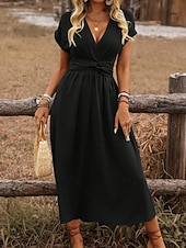 economico Vestito bianco-Per donna Abito Midi Abito a trapezio Abito Estivo Casual Quotidiano Vestibilità regolare Semplice Manica Corta Scollo a V Nero Rosso Marrone chiaro Verde scuro Estate Primavera