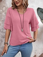abordables T-shirt uni-Femmes T-shirt Élégant Manche Courte Manche Volants Col en V Hauts Réguliers Occasionnel Noir Blanche Rose Claire bleu marine Chameau Été Printemps
