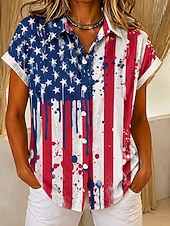economico Magliette Giorno dell’Indipendenza-Giorno dell'Indipendenza Americana Per donna Camicia Bottoni Stampato Grafico Bandiera Vintage Quotidiano Elegante Manica Corta Colletto a Camicia Top Regolari Casuale Quotidiano Blu Bianco Rosso