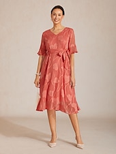  Dames Halflange jurk Chiffon jurk Elegant Dagelijks Bruiloft gast Afspraakje Normale pasvorm Bloemig Halve mouw V-hals Koraalrood