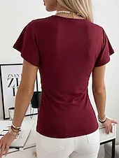 baratos Camiseta lisa-Mulheres Blusa Franzido Tecido Vintage à moda Básico Manga Curta Decote V Tops regulares Casual Diário Preto Vermelho Marron Cinzento Verão Primavera