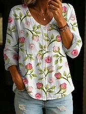 economico Bluse Floreali-Per donna Camicia Bottoni Stampato Floreale Grafico Vintage Quotidiano Elegante Manica Lunga Scollo a V Top Regolari Casuale Quotidiano Bianco Rosa Beige Estate Primavera