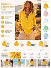 abordables Camisas-Camisas de lino para mujer, camisa de verano, ropa de playa, blusa, botones, color liso, elegante, básica, casual, manga larga, cuello, tops regulares, diario, azul, blanco, amarillo, rosa, verde, primavera, otoño