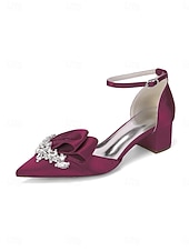 cheap Mother of Bride/Groom-Women's Sophisticated Navy Blue Satin Block Heel Shoes with Bow and Crystal Brooch for Mother of the Bride