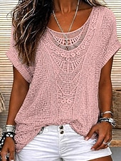  Mujer Elegant Parte superior con ojales Top de empalme de encaje Retazos Elegante Bohemia Vintage Manga Corta Cuello Barco Tops largos Casual Diario Noche Azul Piscina Rosa Naranja Beige Verano