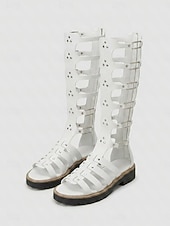 cheap Gladiator Sandals-Women's Tall Gladiators Sandals - Edgy Black Knee-High Summer Boots with Multiple Buckles, Studs &amp; Lug Sole for Music Festivals, Tropical Vacations &amp; Outdoor Adventures