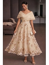 abordables Vestidos de cóctel-Corte A Vestido Midi Vestidos de coctel Elegante Vintage Floral Manga Corta Hombros Caídos Fiesta de jardin Boda Organdí Tul Espalda desnuda con Estampado flor Flor bordada Plisado