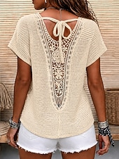  Mujer Camisa Blusa con textura Parte superior con ojales Top de empalme de encaje Jacquard Encaje Retazos Elegante Bohemia Vintage Manga Corta Cuello Barco Tops regulares Casual Negro Blanco Verde