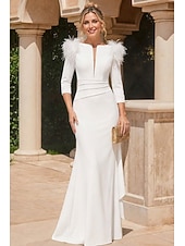 economico Abiti da Sera Sirena-Sirena Tromba Lunghezza al pavimento Abiti da Ballo Abito da Sera Da principessa Abito formale Elegante Manica 3/4 Scollo a V Formale Autunno Raso con Piuma Arricciato Volant