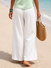  Women's Linen Pants Trousers Summer Pants Baggy Pants Vacation Basic Casual Full Length High Waist Plain Pocket Wide Leg Elastic Waistband Soft Comfortable Breathable Stretchy Beach Holiday Blue