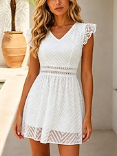  Mujer Mini vestido Vestido de encaje Vestido de verano Vestido informal Vestido de una línea Vacaciones Casual Boho Playa Fiesta Cita Ajuste regular Plano Manga Corta Escote en Pico Blanco Verano