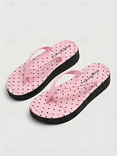 cheap Women-Women's Black Polka Dot Platform Flip Flops - Chic Polka Dot Pattern Wedge Thong Sandals for Beach Vacations, Summer Pool Parties &amp; Tropical Resort Travel