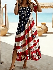  Jour de l'Indépendance Américaine Femmes Robe Midi Robe trapèze Occasionnel Plage Coupe régulière Graphique Drapeau Manche Courte Col ras du cou Bleu Rouge Été Printemps