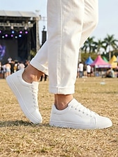 cheap Men-Men's White Music Festival Sneakers - Lightweight Comfort Lace-Up Casual Shoes - Minimalist Low-Top Footwear for Concerts, Outdoor Events, Travel and Everyday Leisure
