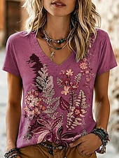 economico T-shirt Boho-Per donna Maglietta Stampato Floreale Grafico Tribale Elegante Classico Casual Manica Corta Scollo a V Top Regolari Casuale Quotidiano Rosso Estate Primavera