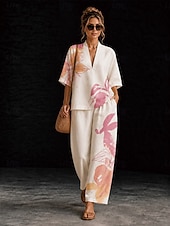 cheap Women's Blouse Suits-Women's Shirt Cotton Linen Sets Pants Sets Short Sleeve V Neck Floral Graphic Geometric Print Vacation Fashion Streetwear Casual Daily Outdoor Yellow Pink Dusty Rose Spring &amp; Summer Loose Fit