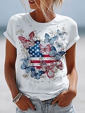  día de la independencia americana Mujer Camiseta Estampado Graphic Bandera estadounidense Vintage Elegante Clásico Manga Corta Cuello Barco Tops regulares Casual Diario Fin de semana Blanco Verano