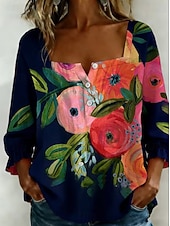 economico Bluse Floreali-Per donna Blusa Stampato Floreale Grafico Vintage Quotidiano Elegante Manica 3/4 Collo quadrato Top corti Casuale Quotidiano Blu scuro Estate Primavera