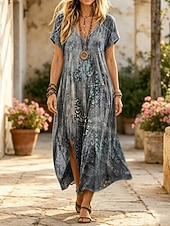 billige Art&amp;Design Dress-Women's Midi Dress Shift Dress Casual Loose Fit Graphic Geometric Short Sleeve V Neck Pink Green Gray Summer Spring