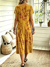  Women's Midi Dress A Line Dress Casual Loose Fit Floral Abstract Short Sleeve V Neck Blue Yellow Pink Dusty Blue Summer Spring
