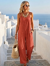  Damen Overall Urlaub Volle Länge Hohe Taille Einfach Tasche Atmungsaktiv Unelastisch Urlaub Formell nicht-gerade weiss Orange Rot Schwarz Militßrgrün Sommer Frühling Lässiger Schnitt