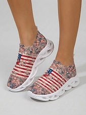  Γυναικεία ροζ φλοράλ slip-on αθλητικά παπούτσια με αμερικανική σημαία – ελαφριά πατριωτικά παπούτσια πεζοπορίας με σόλα απορρόφησης κραδασμών για την ημέρα ανεξαρτησίας, την παρέλαση, τα καλοκαιρινά