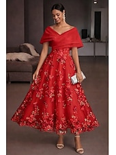abordables Vestidos de cóctel-Corte A Vestido Midi Vestidos de coctel Elegante Vintage Floral Manga Corta Hombros Caídos Fiesta de jardin Boda Organdí Tul Espalda desnuda con Estampado flor Flor bordada Plisado