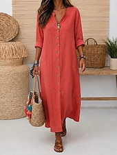 voordelige Jurken-Dames Maxi-jurk Linnen jurken Vintage Dagelijks Ruim Passend Heldere kleur Lange mouw V-hals Rood Zomer