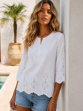  Per donna Blusa Traforato Tinta unica Elegante Casual Manica 3/4 Girocollo Top Regolari Casuale Quotidiano Bianco Estate Primavera