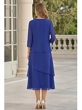 cheap Mom's Dress Sets-Sheath Column Tea Length Wedding Guest Dress Mother of the Bride Dress 3/4 Length Sleeve Jewel Neck Elegant Wedding Guest Chiffon Wrap Included with Ruching