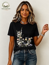 cheap Floral tee-Women's 100% Cotton T Shirt Print Floral Graphic Vintage Stylish Casual Short Sleeve Crew Neck Regular Tops Casual Daily Weekend Light Beige Black White Pink Summer Spring