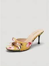 baratos Sandálias de salto-Women's Vibrant Yellow Floral Heeled Mules - Elegant High Stiletto Sandals with Bow Detail for Summer Vacations, Tropical Evening Parties &amp; Tropical Getaway Dinners