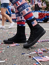  Women's White Patriotic High Top Canvas Sneakers – USA Flag Canvas Lace-Up Boots for Independence Day, Parade & Casual Streetwear