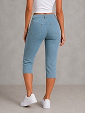 baratos jeans-Mulheres Jeans Ganga Calças Capri Calças finas Moda Capris Cintura Alta Conforto Com Stretch Férias Formal Preto Azul Claro Cinzento Verão Primavera Fino