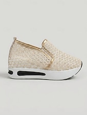 abordables Baskets femme-Baskets en maille dorée pour femme - chaussures compensées respirantes et confortables pour l'été et la marche au quotidien &amp; voyage